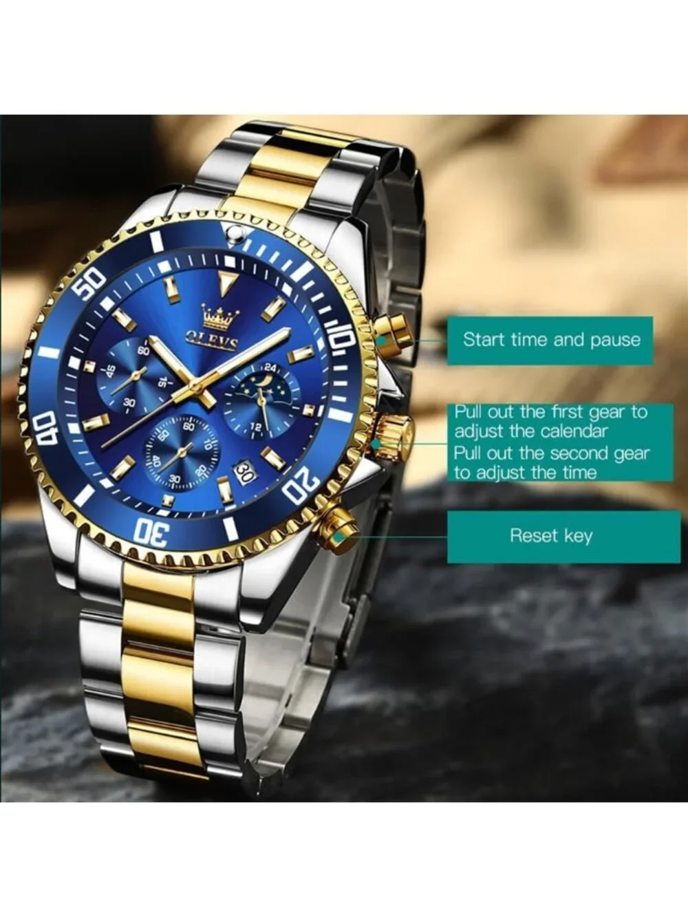 Men's Blue Premium Gold and Silver Stainless Analog Rotatable Bezel Steel Watch